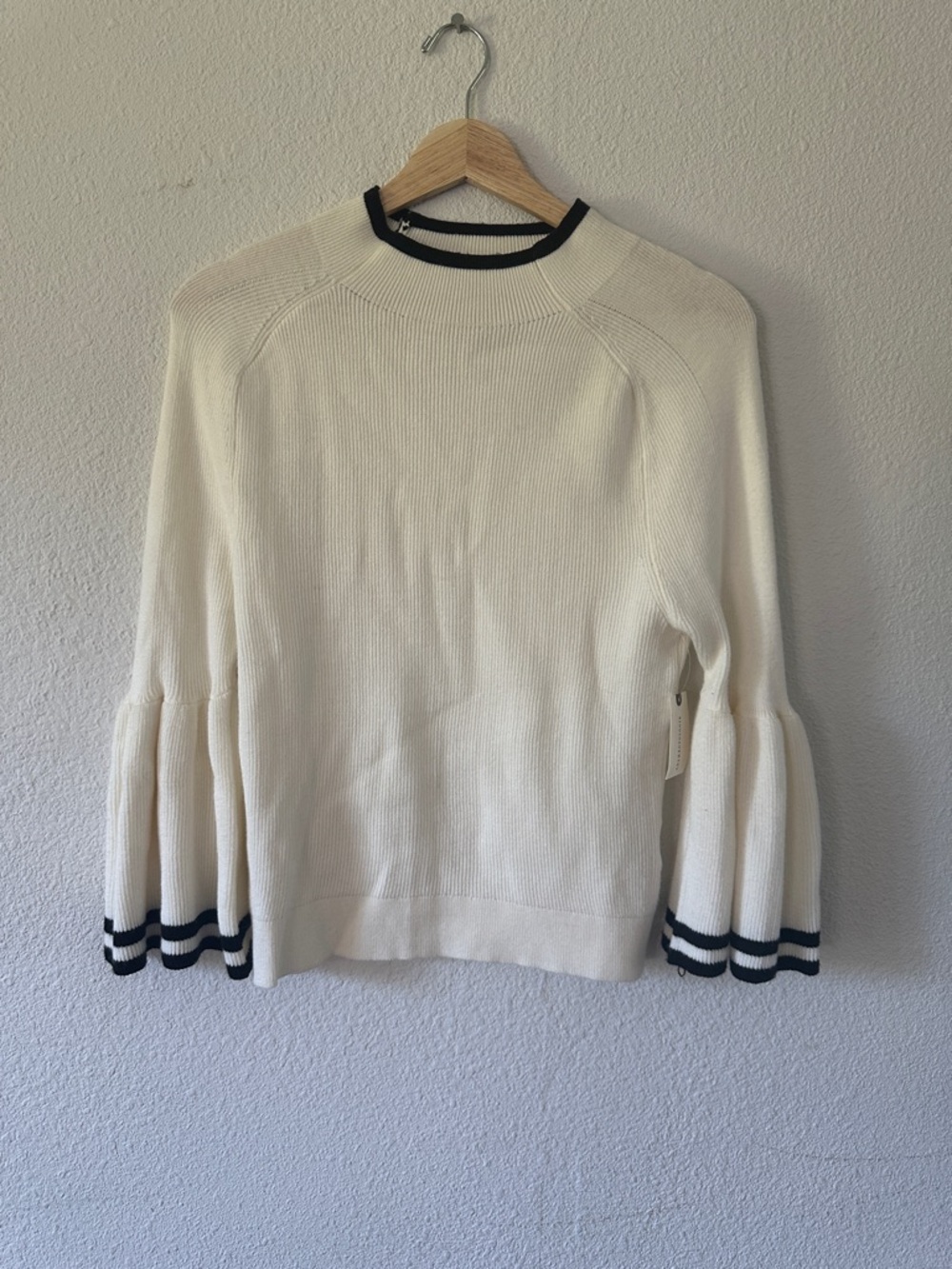 Maeve Cream Crewneck Sweater with Black Trim and Ruffle Cuffs